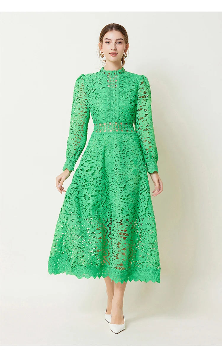 French Elegant Holiday Flower Embroidery Lace Midi Dress Women Lantern Long Sleeve Stand Hollow Out Crochet Party Vestidos