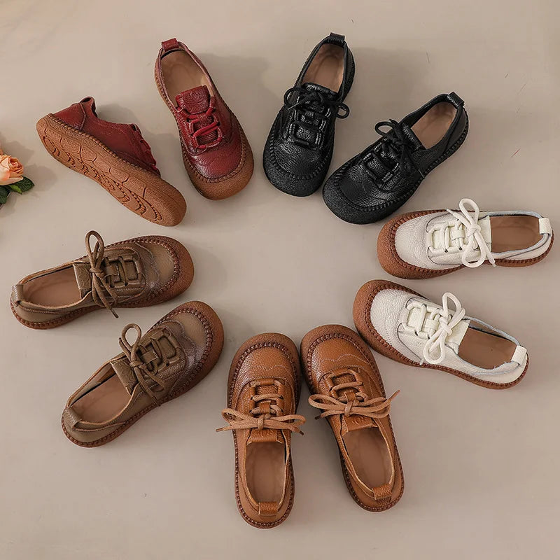 New Women's Genuine Leather Flats Woman Tied Up Wide Head Sports Sneakers Vintage Moccasin Non-Slip Walking Driving Loafer Flats
