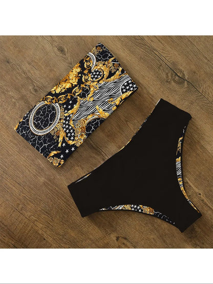 Bikini Swimwear Swimsuit Women Print High Waist Bikini Set Back Cross Bandeau Bathing Suit Female Beach Wear Biquini