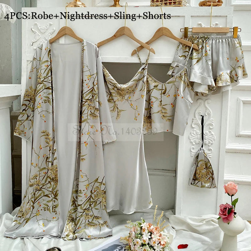 Four Pieces Pajamas Set Printed Little Cherry Sleepwear Women Satin Nightgown With Suspender Sling&Shorts Summer Home Clothes