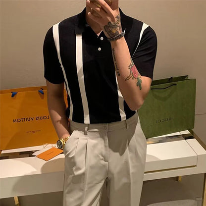 Trendy Mens Slim Knit Polo Shirts Summer Daily Casual Striped Contrast Color Knitted Polos Men Summer Fashion Short Sleeve Tops