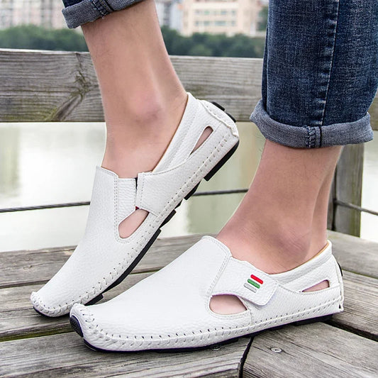 New 2023 Summer Breathable Leather Shoes Men Casual Loafers Brand Design Handmade Men Flats Soft Leather Moccasins Boat Shoes