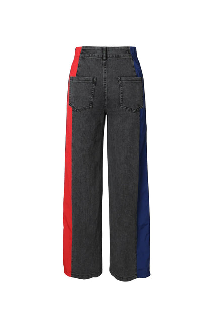 Denim Pants Women Patchwork Spliced Long Pant Mom Straight Button High Waist Casual Jeans Trousers Pocket Lady Y2k Autumn