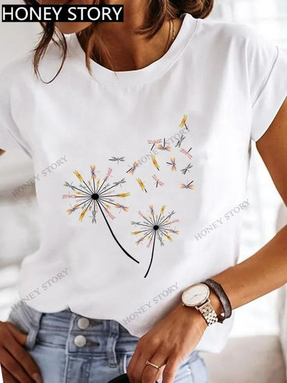 Dragonfly Butterfly Print Base Top Loose Women's Short-sleeved T-shirt Round Neck Oversized T Shirt  Women Clothes TEE