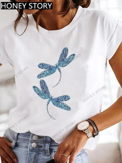 Dragonfly Butterfly Print Base Top Loose Women's Short-sleeved T-shirt Round Neck Oversized T Shirt  Women Clothes TEE