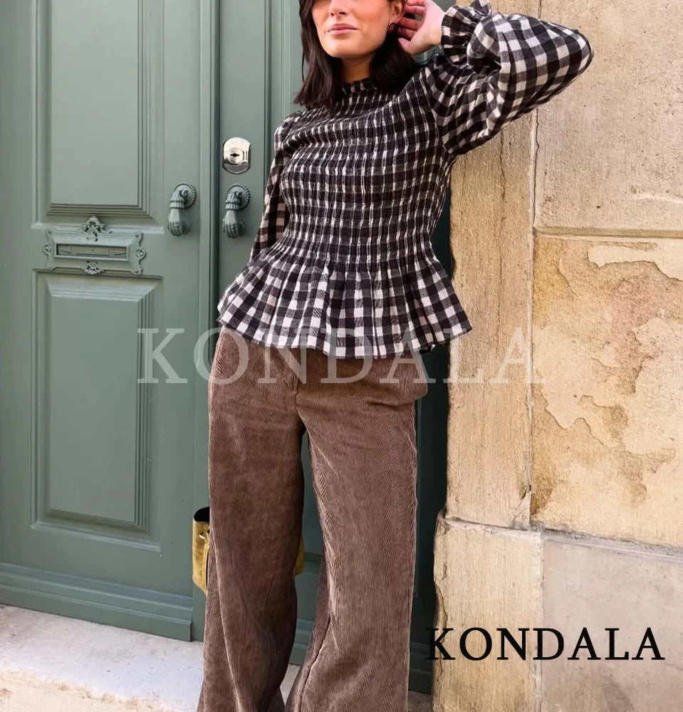 KONDALA Trendy Casual Plaid Slim Shirts Women Elegant Long Sleeve Stretch Bust Tops 2026 Spring Chic Holiday Fold Pleated Shirts
