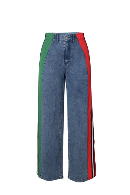 Denim Pants Women Patchwork Spliced Long Pant Mom Straight Button High Waist Casual Jeans Trousers Pocket Lady Y2k Autumn