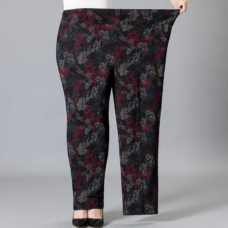 8XL 9XL Middle-aged Women Trousers New Print Elasti High Waist Casual Pants Spring and Autumn Straight Pants Oversize Grandma Pa