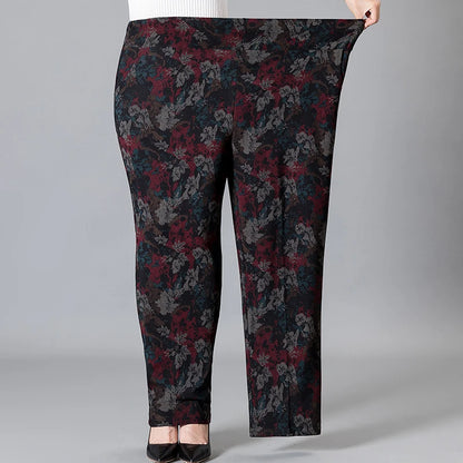 8XL 9XL Middle-aged Women Trousers New Print Elasti High Waist Casual Pants Spring and Autumn Straight Pants Oversize Grandma Pa
