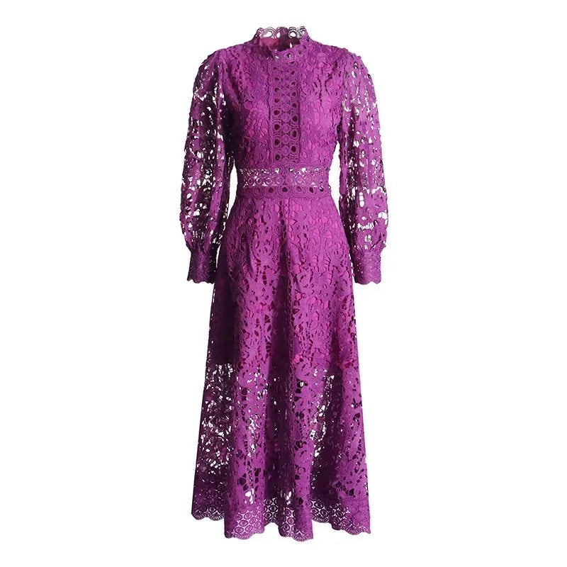 French Elegant Holiday Flower Embroidery Lace Midi Dress Women Lantern Long Sleeve Stand Hollow Out Crochet Party Vestidos