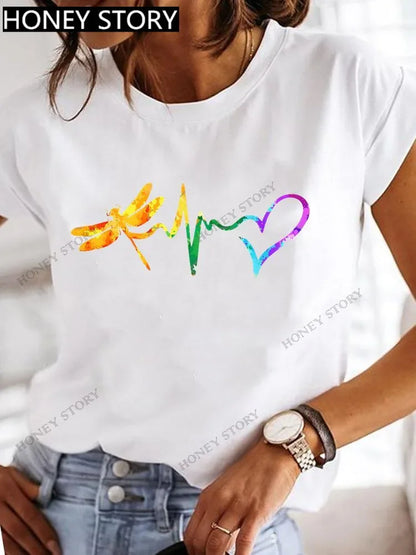 Dragonfly Butterfly Print Base Top Loose Women's Short-sleeved T-shirt Round Neck Oversized T Shirt  Women Clothes TEE