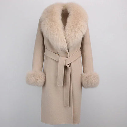 Double Breasted Woolen Jacket Belt Warm Cashmere Real Fur Coat Streetwear New Fashion 2024 Winter Women Long Natural Wool Blends