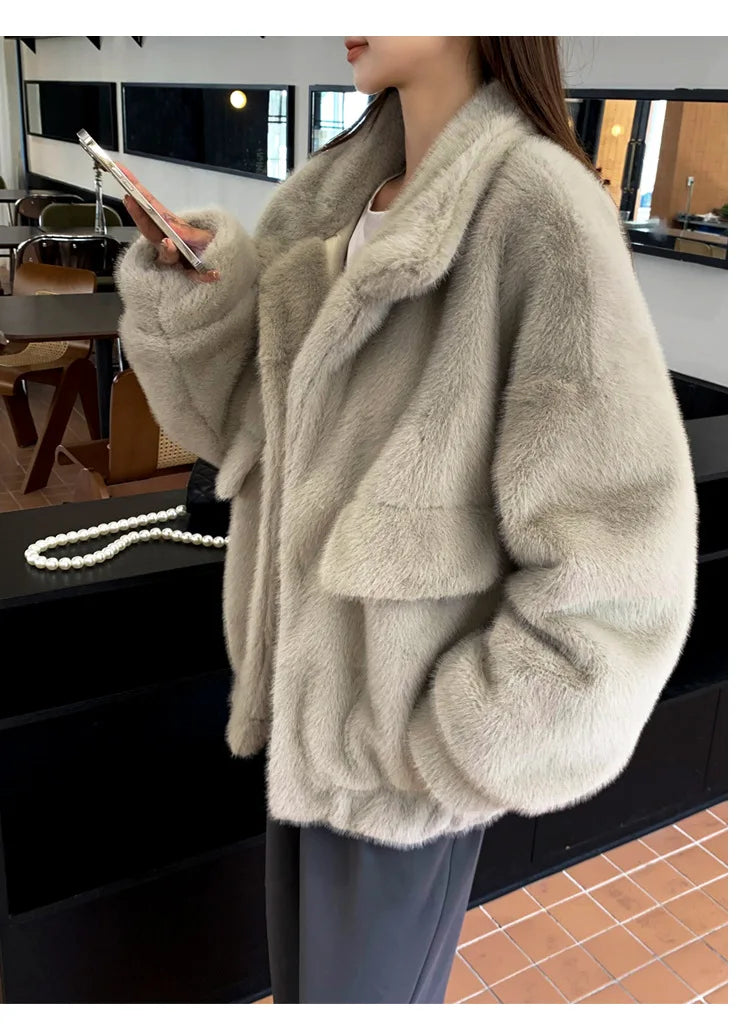 Women Faux Fur Coats Mid Length Jackets Stand Collar Coat Thick Warm Y2k Streetwear Jacket Work Casual Loose Autumn Winter