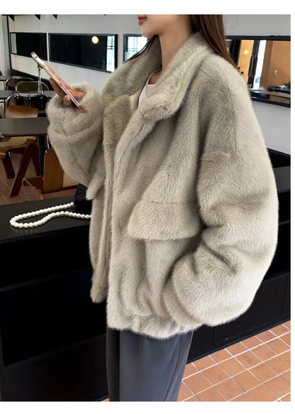 Women Faux Fur Coats Mid Length Jackets Stand Collar Coat Thick Warm Y2k Streetwear Jacket Work Casual Loose Autumn Winter