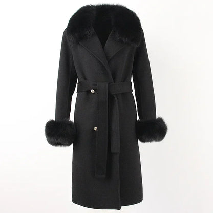 Double Breasted Woolen Jacket Belt Warm Cashmere Real Fur Coat Streetwear New Fashion 2024 Winter Women Long Natural Wool Blends