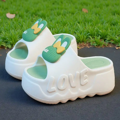 New pink flower high heel slipper women's outdoor slides sweet backless beach shoes woman flat platform mules elevator slippers