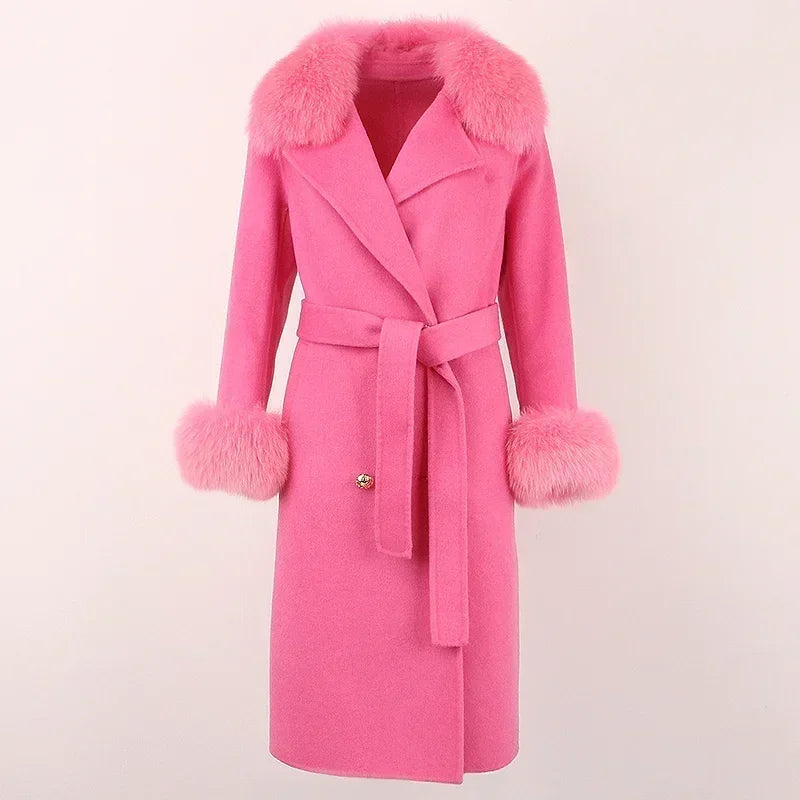 Double Breasted Woolen Jacket Belt Warm Cashmere Real Fur Coat Streetwear New Fashion 2024 Winter Women Long Natural Wool Blends