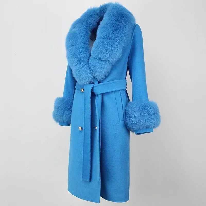Double Breasted Woolen Jacket Belt Warm Cashmere Real Fur Coat Streetwear New Fashion 2024 Winter Women Long Natural Wool Blends