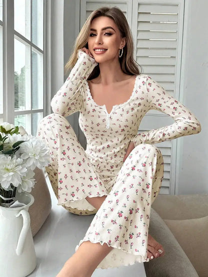 Spring Autumn Floral Print Lettuce Trim Tops with Long Pants Sleepwear Women Pajamas Set Loungewear Nightwear Pijama Mujer