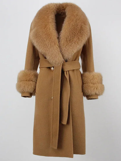 Double Breasted Woolen Jacket Belt Warm Cashmere Real Fur Coat Streetwear New Fashion 2024 Winter Women Long Natural Wool Blends