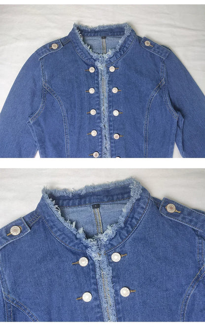 Women Vintage American Style Denim Jacket Spring Autumn Ladies Casual Slim Fit Single Breasted Long Sleeve Thin Jean Coat 2025