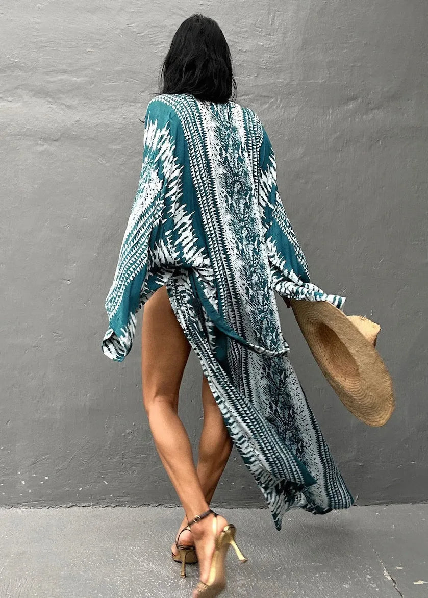 Beach Cover Ups Women Tie Dye Printed Kimono Cardigan Self Belted Wrap Dresses Summer Holiday Bathing Suits
