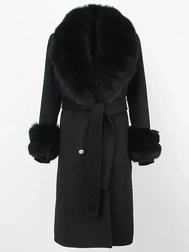 Double Breasted Woolen Jacket Belt Warm Cashmere Real Fur Coat Streetwear New Fashion 2024 Winter Women Long Natural Wool Blends