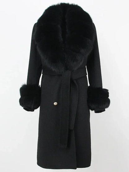 Double Breasted Woolen Jacket Belt Warm Cashmere Real Fur Coat Streetwear New Fashion 2024 Winter Women Long Natural Wool Blends