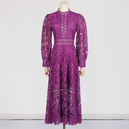 French Elegant Holiday Flower Embroidery Lace Midi Dress Women Lantern Long Sleeve Stand Hollow Out Crochet Party Vestidos