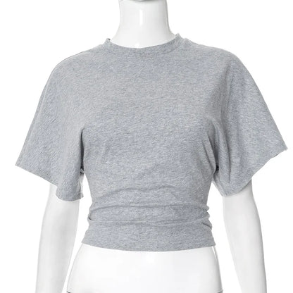 Gray Cropped T-shirt Women's O-neck Corset Tops Fashion Casual Solid Streetwear Spring Summer Short Tee Shirts for Girls