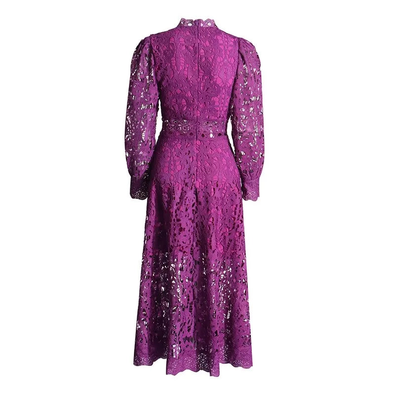 French Elegant Holiday Flower Embroidery Lace Midi Dress Women Lantern Long Sleeve Stand Hollow Out Crochet Party Vestidos