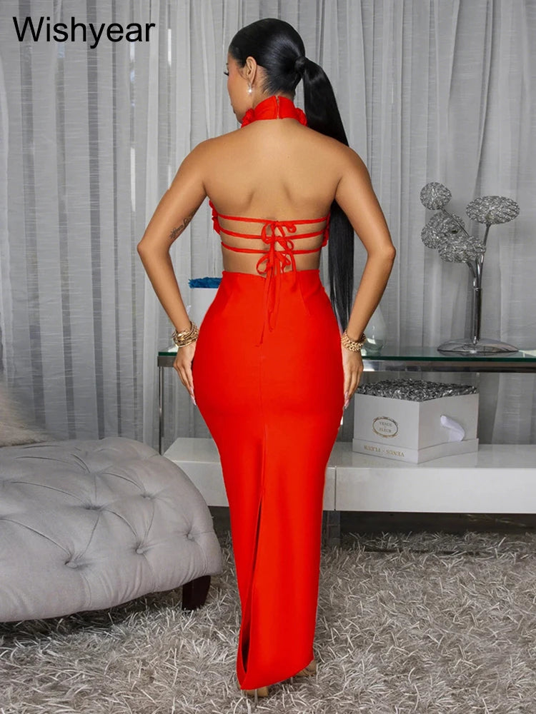 New Autumn Halter Sleeveless Backless Cutout Red 3D Flower Long Maxi Dress for Women Elegant Sexy Evening Birthday Party Vestido