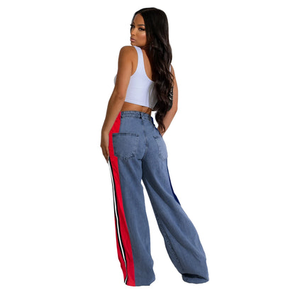 Denim Pants Women Patchwork Spliced Long Pant Mom Straight Button High Waist Casual Jeans Trousers Pocket Lady Y2k Autumn