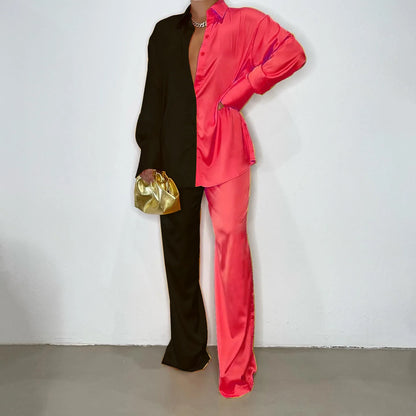 CM.YAYA Elegant Satin Women's Tracksuit Long Sleeve Shirt and Wide Leg Straight Pants Matching Sleepwear Two 2 Piece Set Outfits