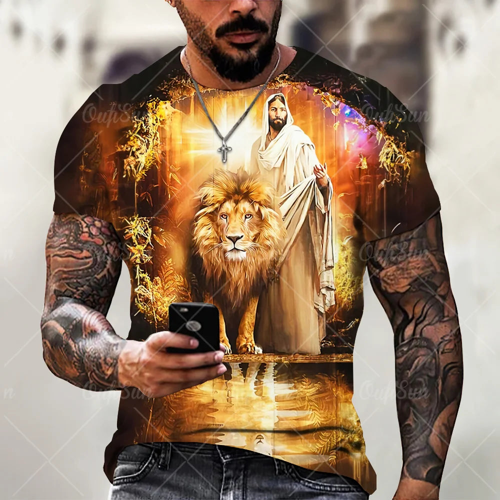 Christ Jesus T-Shirts for Men 3D Lion Printed T-Shirt Summer Clothes Short Sleeve Streetwear Vintage Tops Tee Shirt Men Clothing