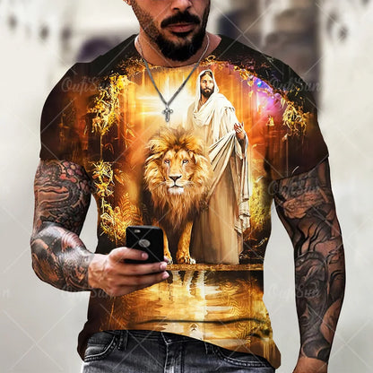 Christ Jesus T-Shirts for Men 3D Lion Printed T-Shirt Summer Clothes Short Sleeve Streetwear Vintage Tops Tee Shirt Men Clothing