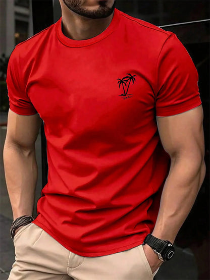 Men's summer 100 cotton fashionable casual loose sports fashionable coconut tree print round neck short sleeved T-shirt top