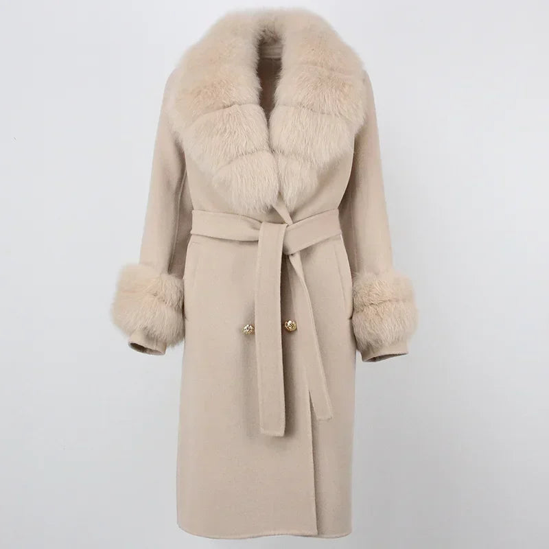 Double Breasted Woolen Jacket Belt Warm Cashmere Real Fur Coat Streetwear New Fashion 2024 Winter Women Long Natural Wool Blends