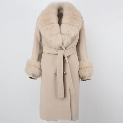 Double Breasted Woolen Jacket Belt Warm Cashmere Real Fur Coat Streetwear New Fashion 2024 Winter Women Long Natural Wool Blends