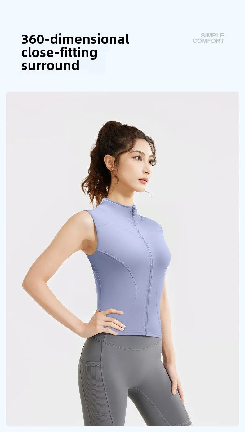 Spring and Summer New Sleeveless Vest Women's Yoga Jacket Slimming Stretch Slim Sports Jacket Standing Collar Zipper Top Fitness