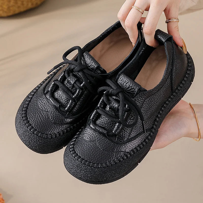 New Women's Genuine Leather Flats Woman Tied Up Wide Head Sports Sneakers Vintage Moccasin Non-Slip Walking Driving Loafer Flats