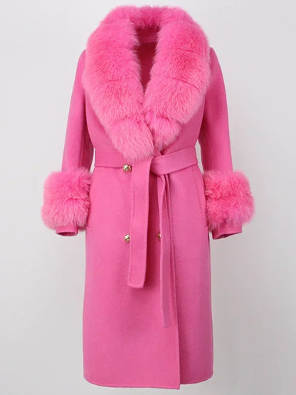 Double Breasted Woolen Jacket Belt Warm Cashmere Real Fur Coat Streetwear New Fashion 2024 Winter Women Long Natural Wool Blends