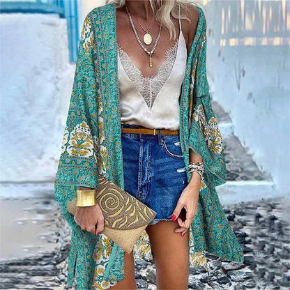 New Summer Bohemian Beach Printed Cardigan Jacket Long Sleeve Leisure Holiday Beach Swimsuit Blouse Shawl Long Coat M-5XL