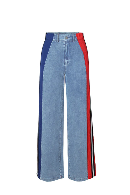 Denim Pants Women Patchwork Spliced Long Pant Mom Straight Button High Waist Casual Jeans Trousers Pocket Lady Y2k Autumn