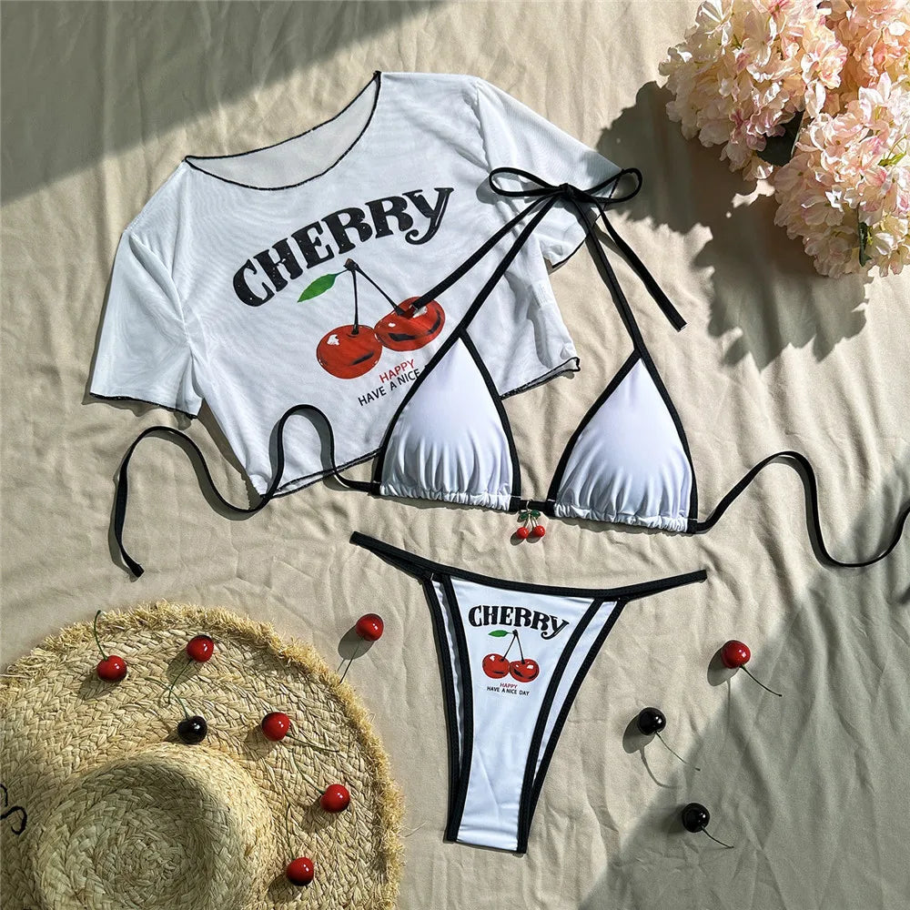 Cute Cherry Print Swimwear Halter String Triangle Bikinis Sets 3 Pieces Smock Cover Ups Sexy Swimsuit Women Bather Biquinis 2026