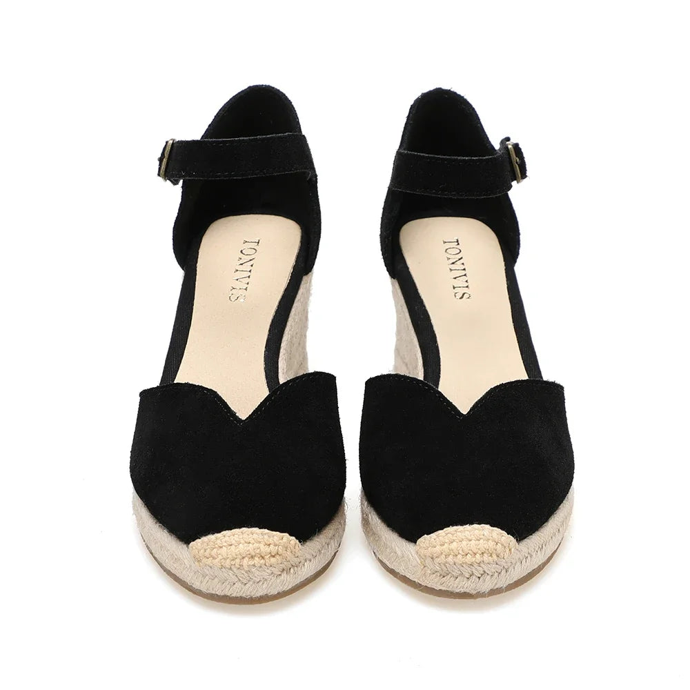 Wedge Heel Shoes Genuine Leather Women's Sandals with Ankle-wrap and 5-8cm  for Ladies