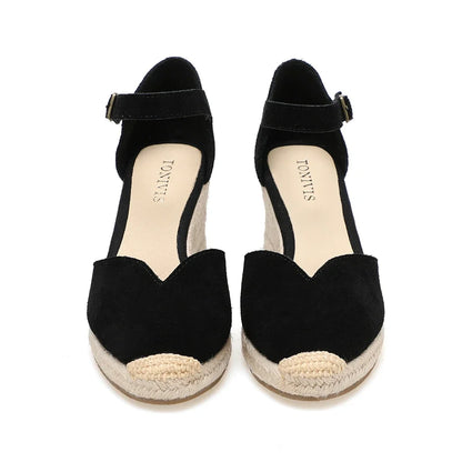 Wedge Heel Shoes Genuine Leather Women's Sandals with Ankle-wrap and 5-8cm  for Ladies