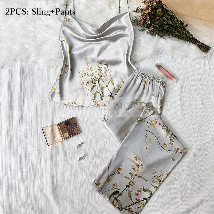 Four Pieces Pajamas Set Printed Little Cherry Sleepwear Women Satin Nightgown With Suspender Sling&Shorts Summer Home Clothes