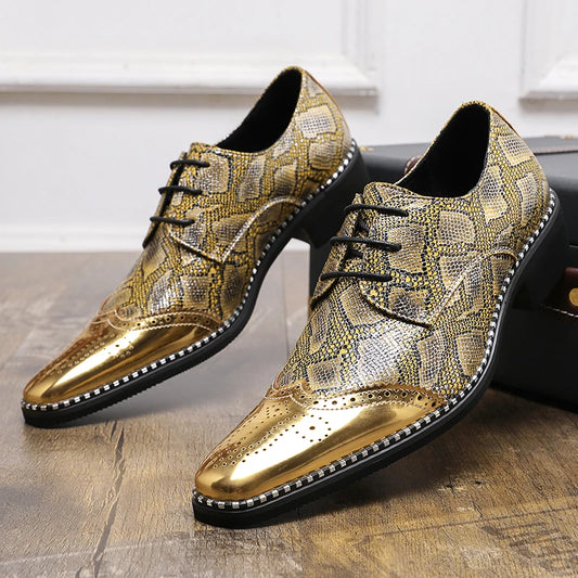 Designer Mens Shoes Gold Silver Snakeskin Patent Leather Shoes Fashion Casual Business Shoe Lace Up Brogues Shoes Zapatos Hombre