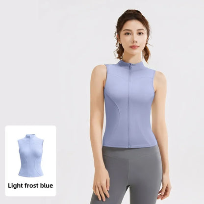 Spring and Summer New Sleeveless Vest Women's Yoga Jacket Slimming Stretch Slim Sports Jacket Standing Collar Zipper Top Fitness